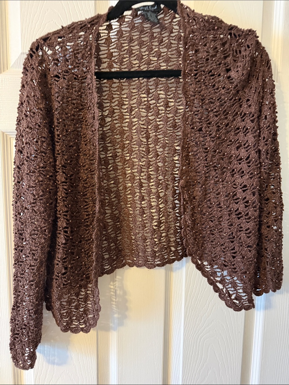 Open-Front Crochet Cardigan Sweater - Brown